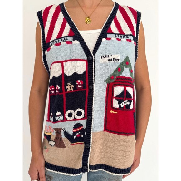 90s vintage multicolor novelty kitschy outdoor scene button up knit sweater vest - Picture 7 of 10